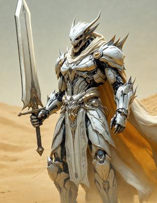 The primary subject of the image is a man dressed in a futuristic armor, holding a sword. The setting is a desert-like environment, with sand visible in the background. The visual style appears to be a combination of photo and digital art, creating a unique and intriguing scene. The colors and mood of the image are predominantly dark and dramatic, with the man's armor and the sword adding a sense of power and intensity to the overall atmosphere.